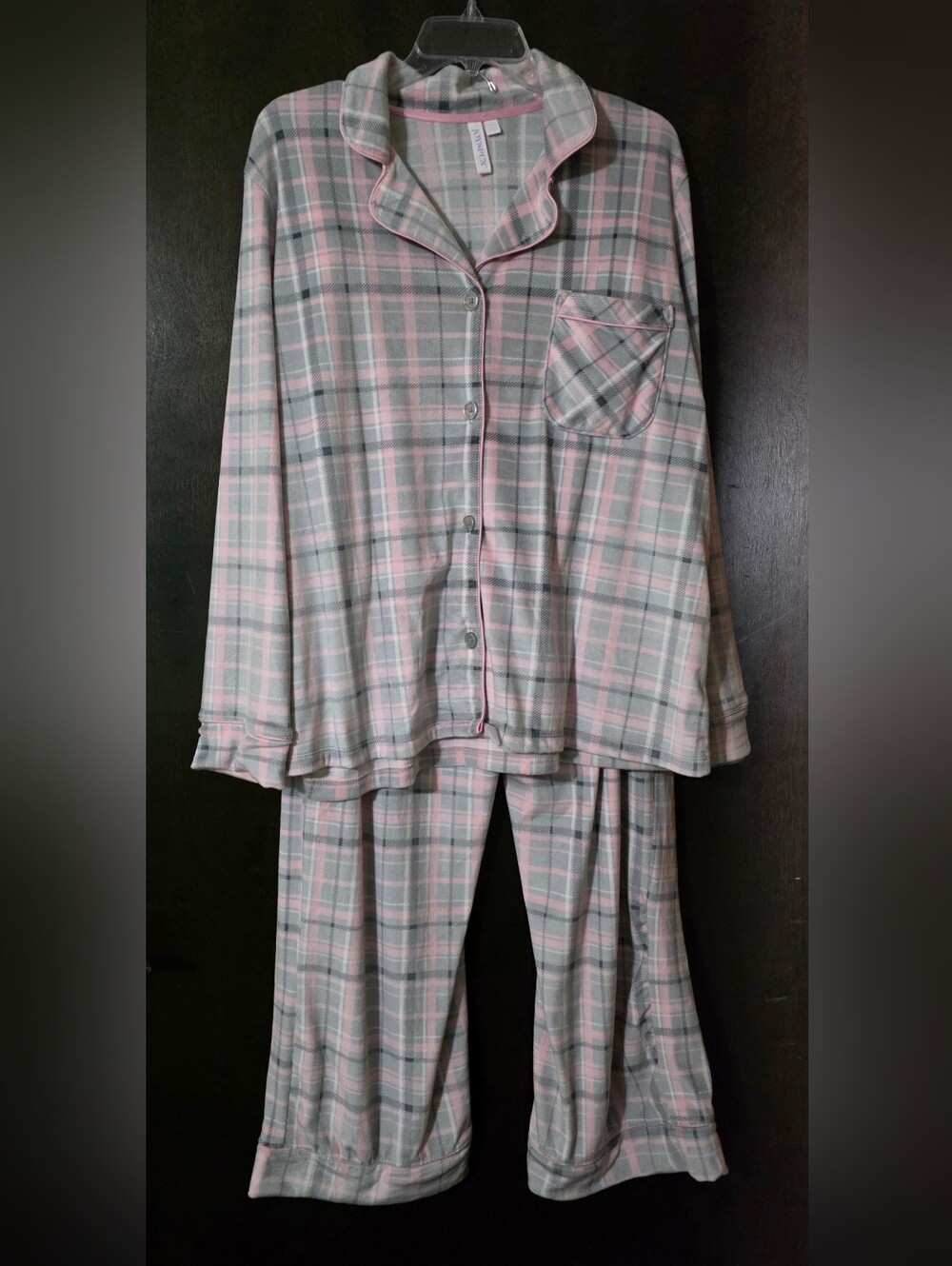 Women's Pink Gray Plaid Button-Up Pajama Set Pockets Fleece Oversized Size L